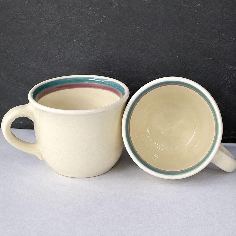 Vintage Pfaltzgraff USA Stoneware Coffee Cups Set of 2 Teal Rim Mugs